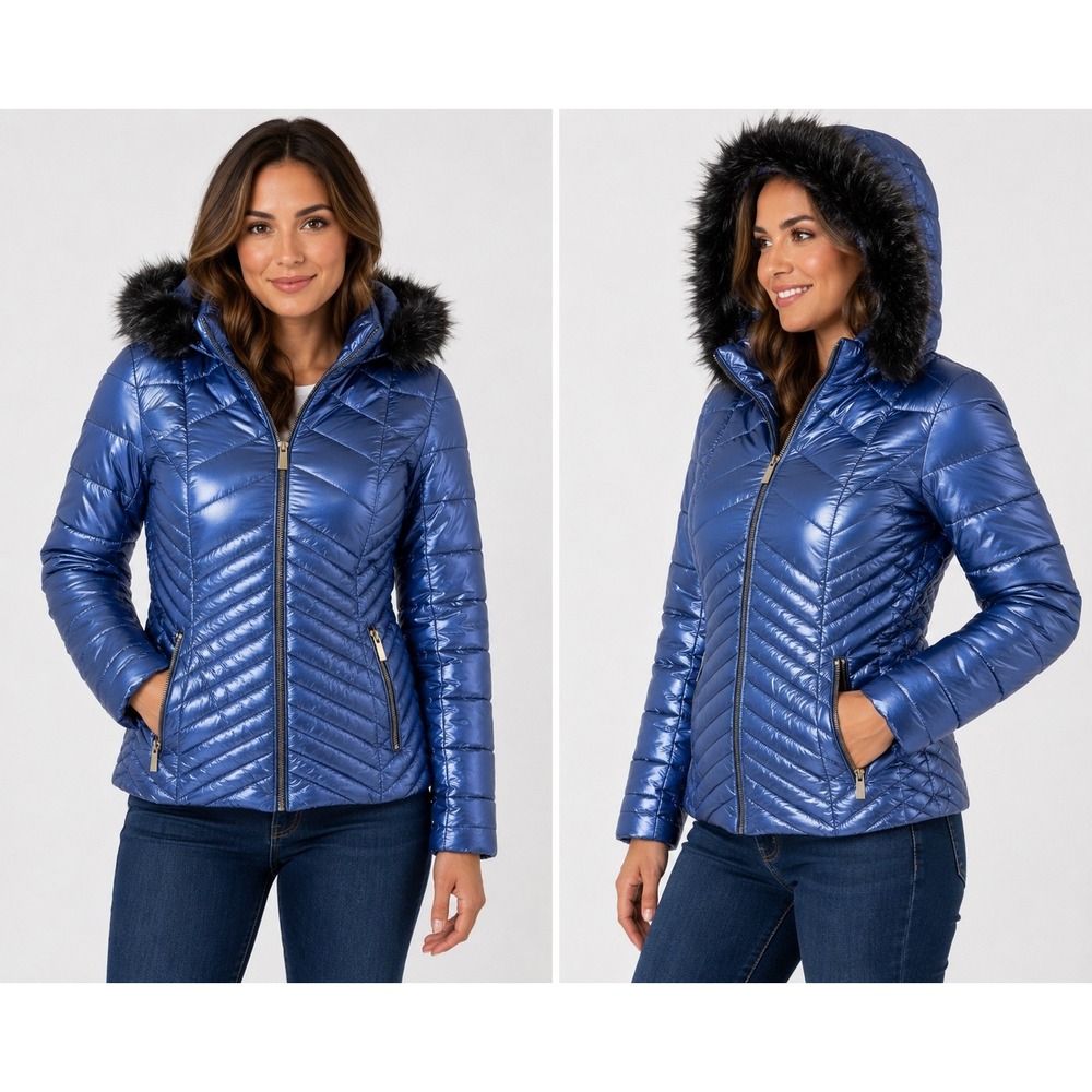 Sweet Look Metallic Blue Puffer Jacket Faux Fur Hooded Quilted Coat Womens Large